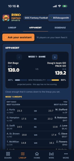 The Opponent page: this week's matchup, both projected scores and a win probability, with both lineups side by side